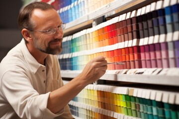 A painter with color blindness relying on a trusted friend or family member to assist in choosing the right paint colors for their artwork. - obrazy, fototapety, plakaty