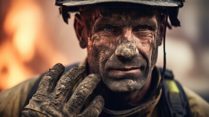 Fototapeta premium A firefighter with scars on his face and hands from battling intense flames. He has a deep sense of purpose in his job, knowing that his scars are a symbol of the lives he has saved.