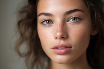 The next person is a young adult woman who works as a fashion model. She has flawless skin except for a few small acne scars on her chin. Despite her minimal skin imperfections, she feels - obrazy, fototapety, plakaty