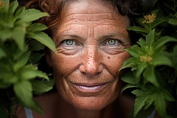 Female, 50 years old, gardener Her face is adorned with freckles, evidence of her love for spending time outdoors and tending to her garden. As a gardener, she spends hours under the sun, - obrazy, fototapety, plakaty