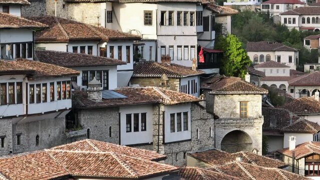 Aerial Drone telephoto Long Focal Length Shot ofHouses in Berat city in Albania. Historical oriental houses in old town.