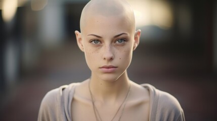 A young woman with a shaved head and tered bald spots caused by alopecia. She is a college student and feels frustrated and selfconscious in the dating scene. However, she has found someone