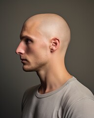 Obraz premium A young man with a buzz, showing signs of hair thinning due to alopecia. He works as a fitness coach and has always been proud of his physical appearance. However, his hair loss has been