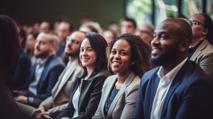 Obraz premium Diverse audience enjoying a business conference; attention foused on off-screen speaker