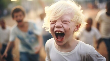 The little boy with albinism laughs and plays with his friends in the playground, his bright white hair bouncing as he runs around. His carefree spirit and genuine joy radiate, not letting