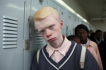 The teenager with albinism stands in front of their school locker, surrounded by friends and buzzing with energy. Their classmates have long accepted their unique appearance, and they are