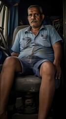 Fototapeta na wymiar A truck driver with varicose s on his legs, spending countless hours sitting behind the wheel and driving long distances. The lack of movement and constant pressure on his legs have caused