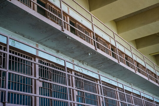 Rows of jail cells at the former Alcatraz penitentiary in San Francisco, California.
