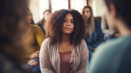 A woman with obesity sits in a support group, surrounded by others who understand her struggles and offer words of encouragement and understanding. Despite the challenges and setbacks, she