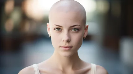 Foto op Canvas A young woman with a shaved head and tered bald spots caused by alopecia. She is a college student and feels frustrated and selfconscious in the dating scene. However, she has found someone © Justlight