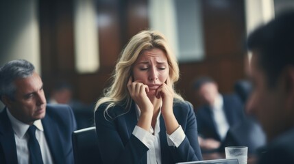 A lawyer in a highstress courtroom, trying to maintain a calm demeanor while struggling to catch her breath. Her asthma can be triggered by stress, but she has found ways to manage it and - obrazy, fototapety, plakaty