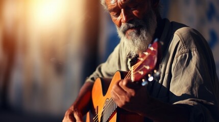 A blind street musician, playing his guitar with passion and singing his heart out. He lost his sight in a tragic accident, but music has been his solace and source of income. His passion - obrazy, fototapety, plakaty