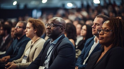 Obraz premium Diverse audience enjoying a business conference; attention foused on off-screen speaker