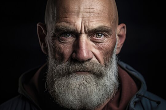 An older man with a full beard and no hair on his head due to alopecia. He is a retired military officer and struggled with his image as a bald man in a traditionally macho environment.