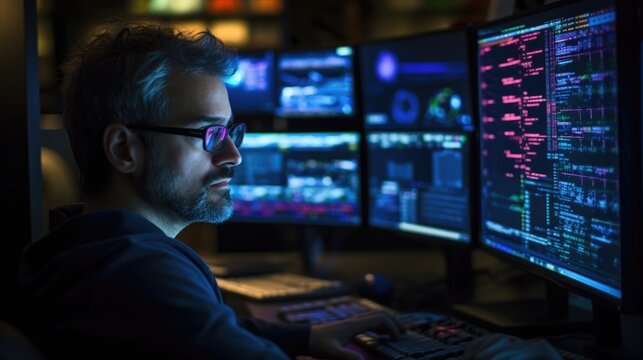 A software developer with color blindness sits in front of multiple screens, coding and debugging complex computer programs. While his condition may make it challenging to design with color,