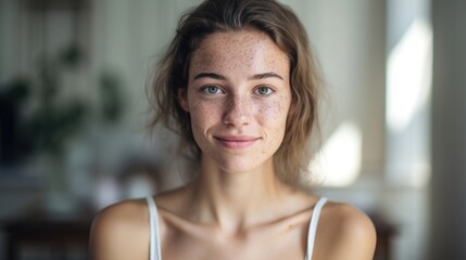 A young woman with psoriasis on her face and neck, working as a social media influencer. She has grown her following by sharing her journey with her skin condition and has become a source - obrazy, fototapety, plakaty