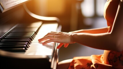 A woman with paraplegia working as a musician, playing the piano with her beautifully manicured hands. She has adapted her playing style to accommodate her disability and is a talented and - obrazy, fototapety, plakaty