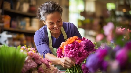 A florist with color blindness carefully arranges bouquets of flowers, using her knowledge of contrast and texture to create stunning arrangements. While she may not be able to fully appreciate