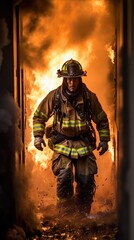 Fototapeta premium A firefighter with color blindness rushes into a burning building, equipped with his fire gear and colorcorrecting glasses. Despite the intense heat and difficult lighting, he is able to