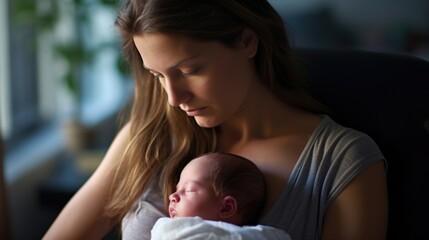 A young mother, who suffers from postpartum anorexia. Despite giving birth just a few months ago, she is fixated on losing the baby weight and cant seem to relax or enjoy her time with her - obrazy, fototapety, plakaty