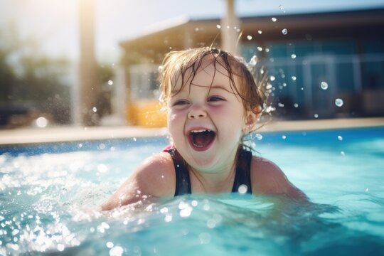 A child with dwarfism splashes around in the pool with uninhibited joy, despite having to wear special floaties to keep her head above water. Her parents watch with pride as she fearlessly