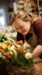 A young woman with Down syndrome works in a flower shop, using her delicate touch and artistic eye to arrange beautiful bouquets for customers. She takes great pride in her work and finds