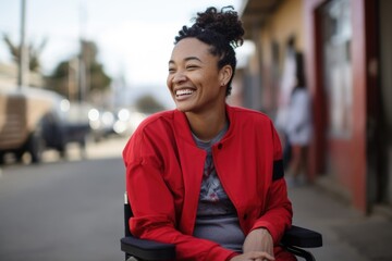 A social worker with paraplegia advocates for disability rights and fights for the inclusion and empowerment of those with disabilities. Despite facing challenges in her own life, she is - obrazy, fototapety, plakaty