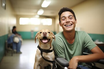 A young man with paraplegia smiles from his wheelchair as he volunteers at a local animal shelter. Despite his inability to walk, he finds fulfillment by helping animals in need and provides - obrazy, fototapety, plakaty