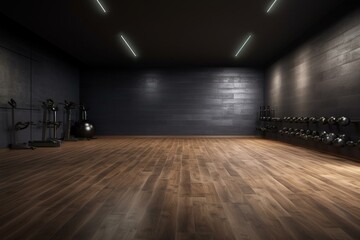 Dark vacant wall in contemporary gym with wooden floor. Generative AI - obrazy, fototapety, plakaty
