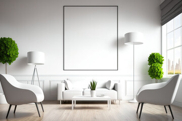 Bright living room with empty white poster, five armchairs, coffee table, panoramic countryside view, wooden parquet floor. Minimalism. Mockup. Generative AI