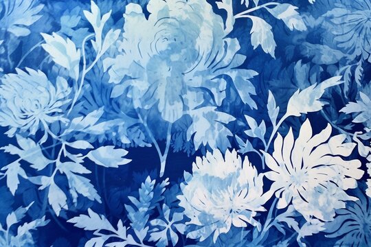 Cyanotype process creates sun-printed floral pattern on watercolor paper. Generative AI