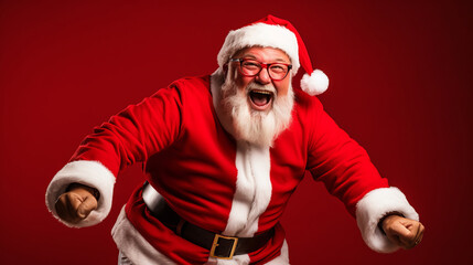 Santa Claus with sunglasses smiling and jumping for joy isolated on a red background, Christmas concept, Christmas Sale, Generative AI