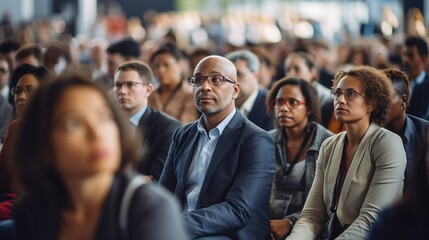 Obraz premium Diverse audience enjoying a business conference; attention foused on off-screen speaker