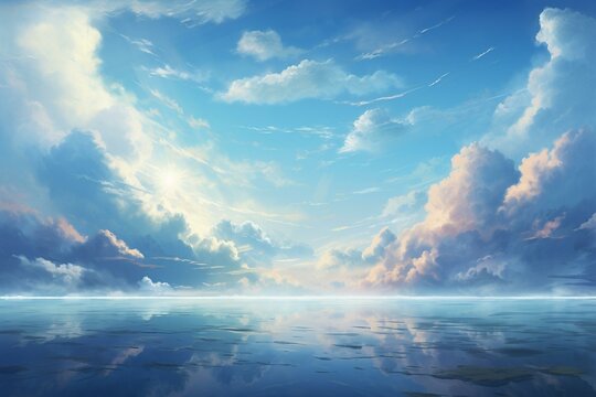 The image showcases a serene sky adorned with delicate, wispy clouds extending across the panoramic view. Generative AI