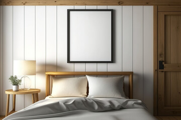 An empty frame on a wooden bedroom wall. Text and image poster template. Warm house interior. Generative AI