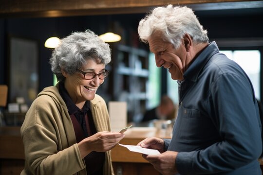 Engrossed in conversation, two elderly participants at a blind date event exchange papers containing personal details, exploring potential compatibility