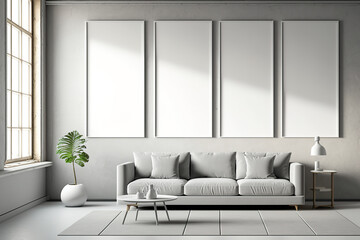 empty poster frames on a beige wall in a contemporary living room with a huge window, gray sofa, and loft,. Generative AI