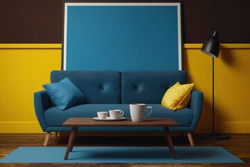 Close-up of a horizontal poster on a dark wood floor next to a coffee table and a yellow sofa. Dark wood floor, blue wall, mock up. Generative AI