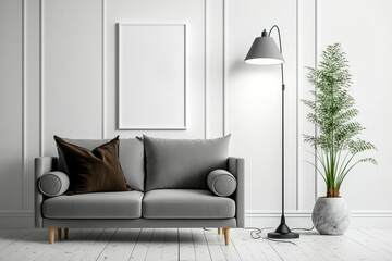 Home interior mock-up with gray sofa and wooden floor lamp in bright living room, two wooden frame mockup on white wall, illustration. Generative AI