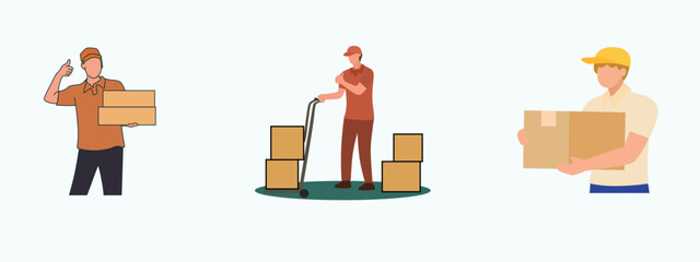 Happy Courier Young Man illustration set. Delivery concept.