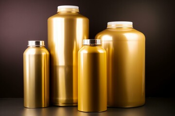 large golden beverage containers against blank backdrop. Generative AI