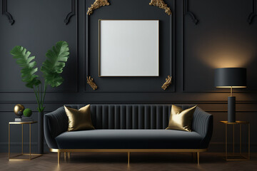 Dark, elegant living room mockup with an empty, dark wall. simple design, wooden floor, and mouldings. illustration mockup. Generative AI