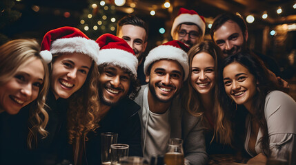 Merry and Bright, Multicultural Group Celebrating Christmas and New Year in Santa Hats