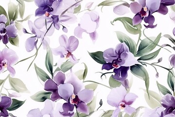 Seamless pattern of blooming orchids. Lilac flowers, green leaves, stems on light background. Watercolor brush stroke. Suitable for fabric, wrapping, home decor. Generative AI