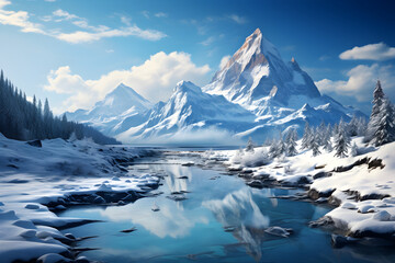 Fototapeta na wymiar Snow-capped Peaks, Majestic Winter Landscape in the Mountains