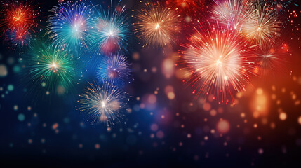 Fototapeta premium Colorful firework with bokeh background with copy space for New Year celebration, Abstract holiday background Happy New year blurred banner, party
