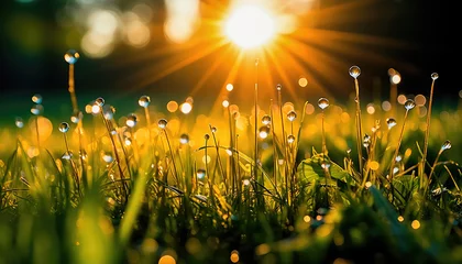 Foto op Aluminium Sunlit field of fresh green grass with dew drops close-up. A wonderful artistic image of the purity and freshness of nature. Generative AI © keks20034