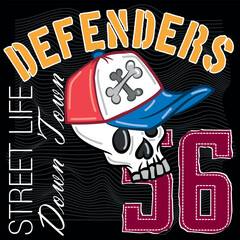 skull with cap and colors in blue and red with bones and text in simulation of embroidery, urban skate style for any type of application