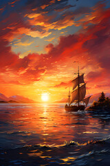 Serene Seascape, A colorful illustration of a breathtaking sunrise over the sea