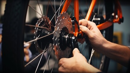 Close up hand of male mechanic working in bicycle repair shop, repairing broke bike